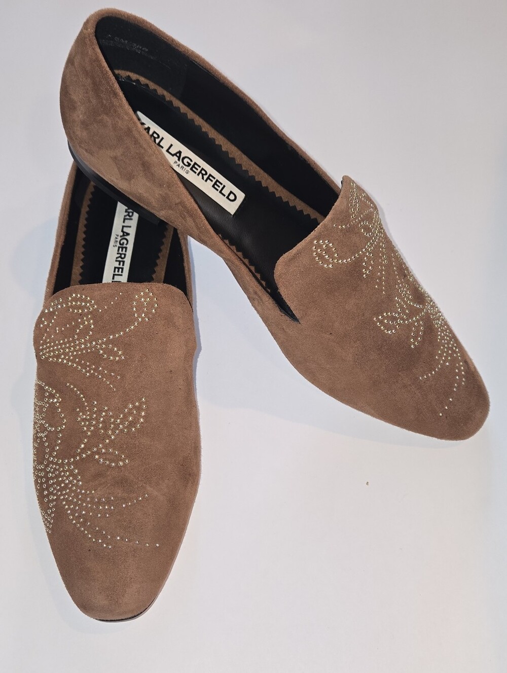 Karl Lagerfeld Paris Women's Brown Suede Slip-On Shoes w/ Gold Stud Motif. NWOB